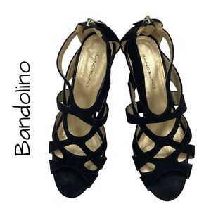 BANDOLINO Black Suede Strappy Wedge, Size 6M